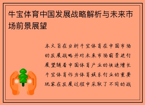 牛宝体育中国发展战略解析与未来市场前景展望